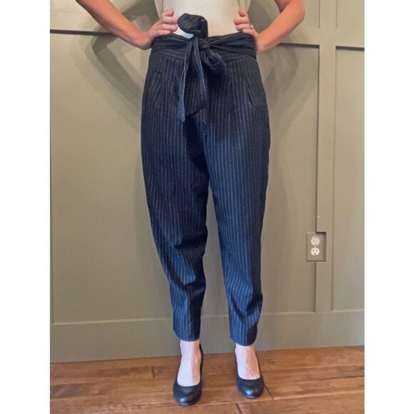 Anthropologie Pinstripe High Rise Tie Waist Tapered Pants Size 6 - Picture 1 of 12